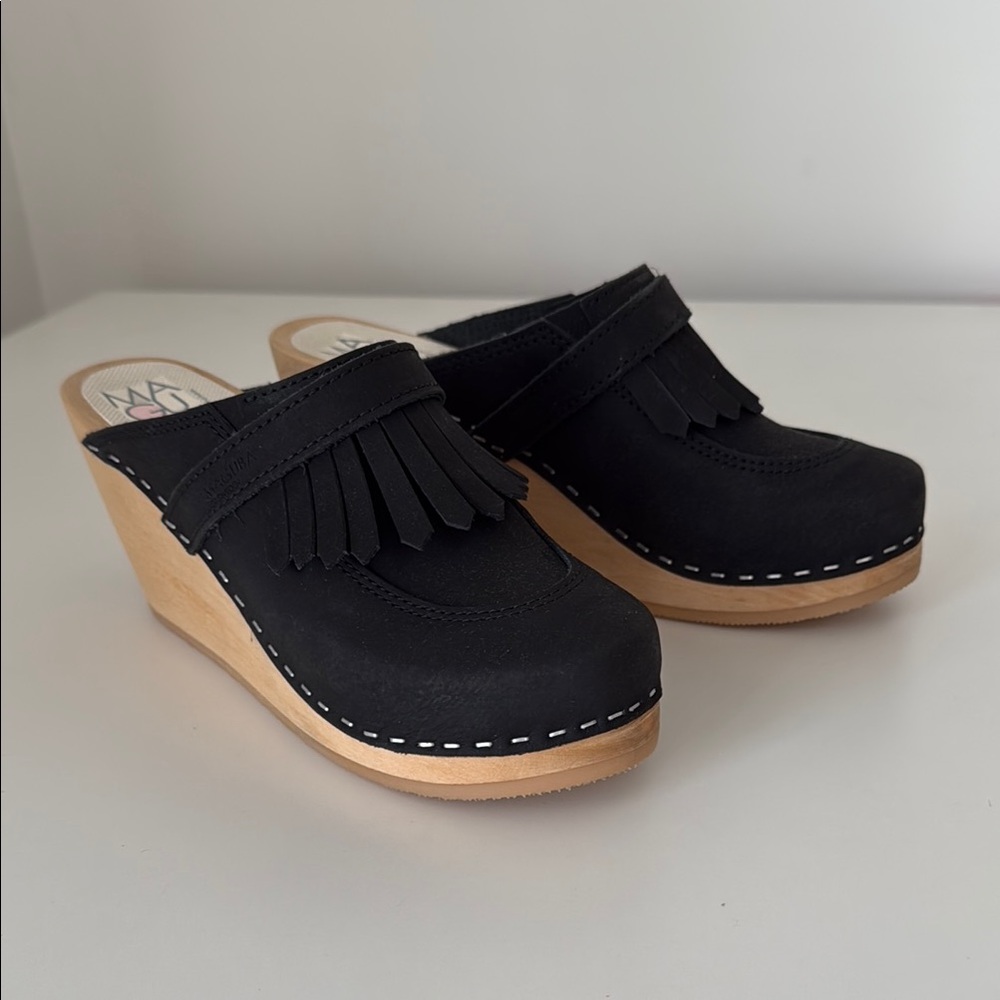 Maguba Sweden Black Fringe Wedge Clogs size 38. Brand new in box